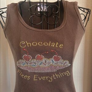 Brown Tank Top “Chocolate Fixes Everything” with Cherry Design